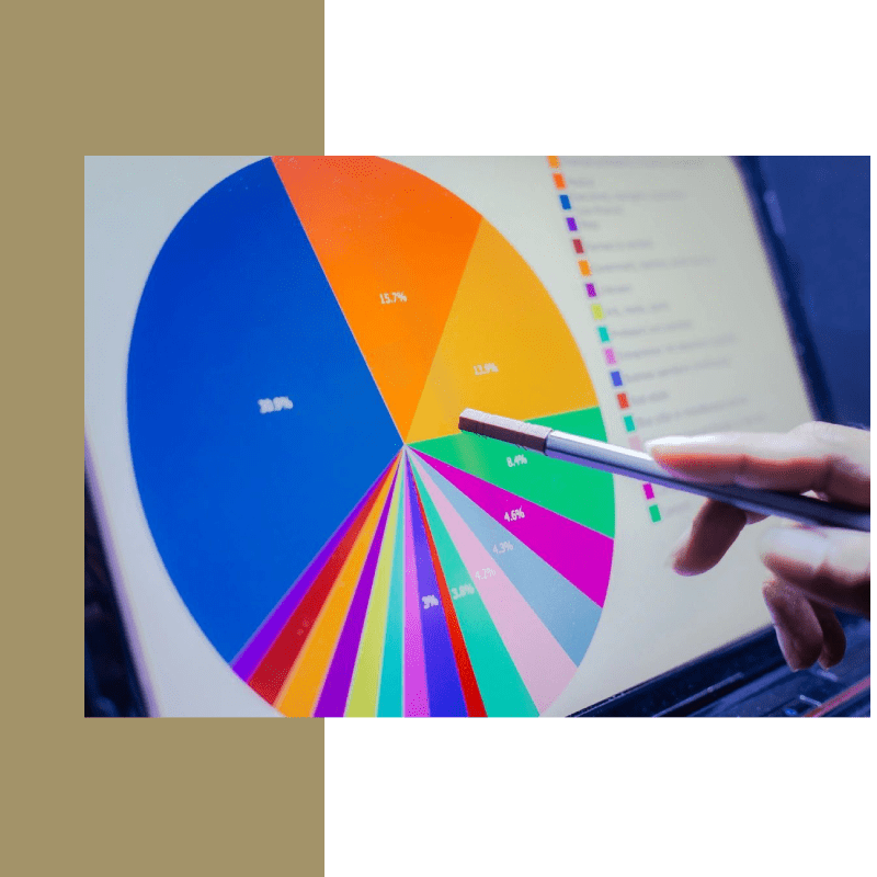 A person is using a tablet to color the pie chart.